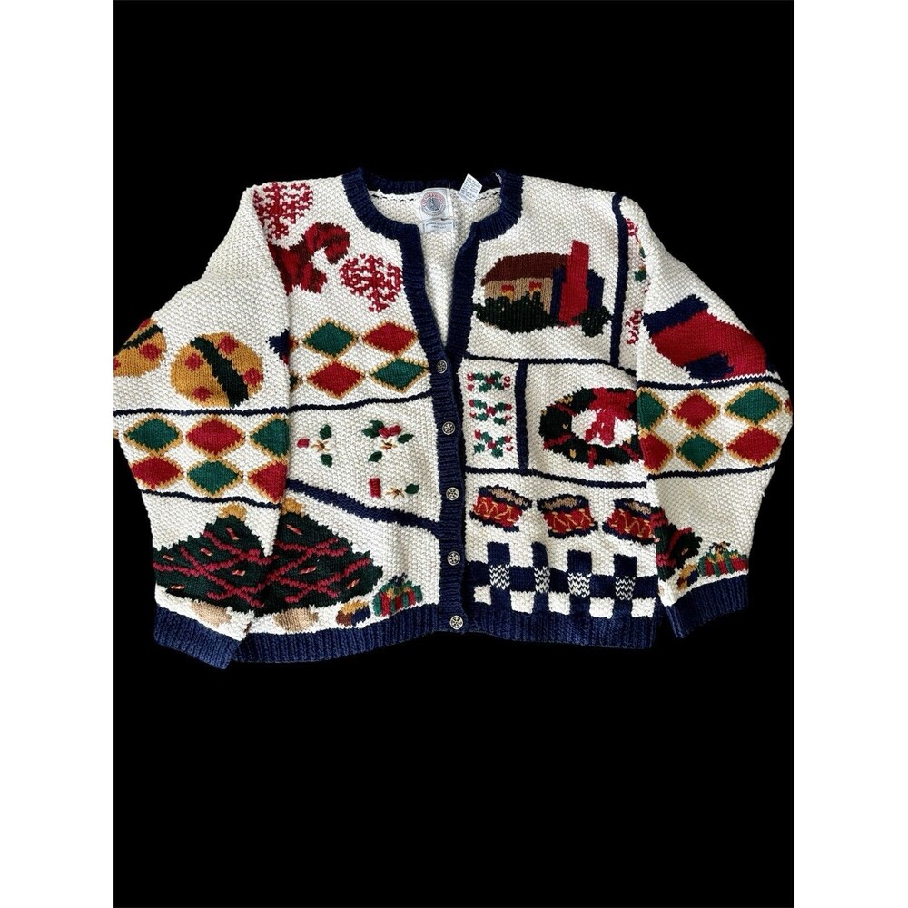 Vtg Cape Isle Knitters Sweater Handknit Cardigan, Traditional Christmas Cabin L